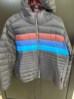 Cotopaxi Fuego Hooded Down Jacket | Women's XXL | Black/Chestnut Stripes